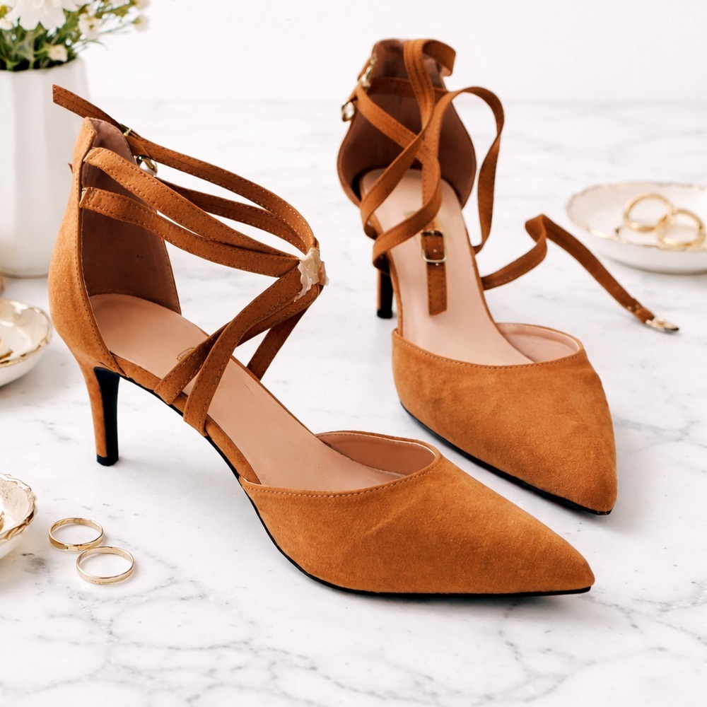 Tan Suede Pointed Toe Heels Ankle Strap Pumps Criss Cross - Picture 2 of 8